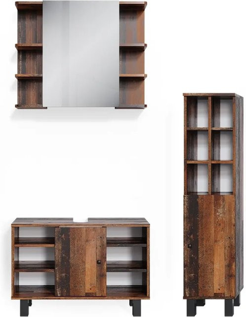 Vicco Badmöbelset Fynn in Antikholz, 3-teilig mit Waschtischunterschrank, Spiegelschrank und Midischrank, Breite: 80 cm - Bild 2