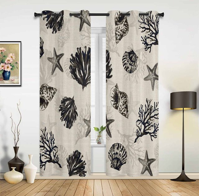 Super Six Fenstervorhang mit Seestern, Muschel und Koralle Motiv in Grau, halbtransparent, B: 135 cm, H: 60 cm - Bild 1