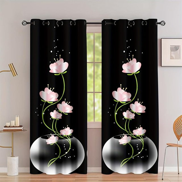 Yiran Furniture Vorhang Set mit Blumenmuster in Schwarz, 2er Pack, halbtransparent, Breite: 50 cm, Höhe: 100 cm - Bild 1