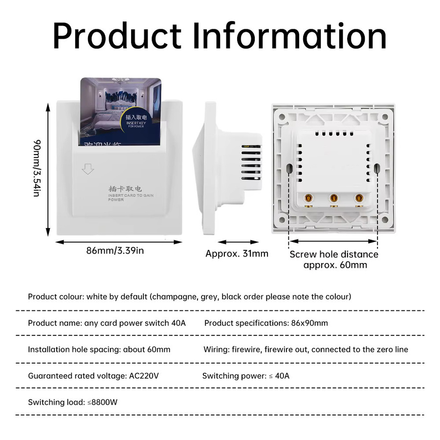Hotel-Keycard-Netzschalter Typ 86 in Weiß für stromsparende Energiesysteme, AC 180-250V, 40 A - Bild 5