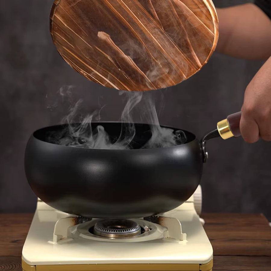 ELOOLE Unbeschichteter Wok aus Carbonstahl mit Glasdeckel, Schwarz, Durchmesser: 24 cm - Bild 2