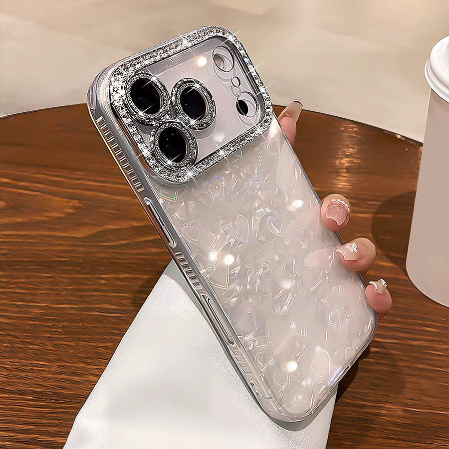 Glitzer Handyhülle mit Muschelmuster und Herzdesign für Apple iPhone 11 bis 17 Pro Max Plus Air in Weiß - Bild 2