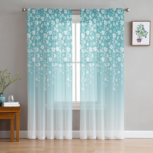 A Family Of Home Textiles Transparente Tüllvorhänge mit floralem Design in Blau und Türkis, B: 135 cm, H: 114 cm - Bild 1