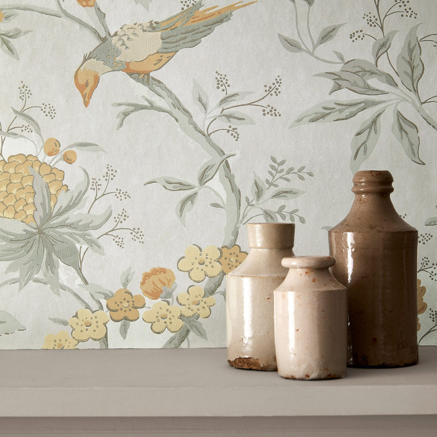 Little Greene Tapete Brooke House Cinder in Gelb und Multicolour mit floralem und botanischem Muster aus Vlies - Bild 1