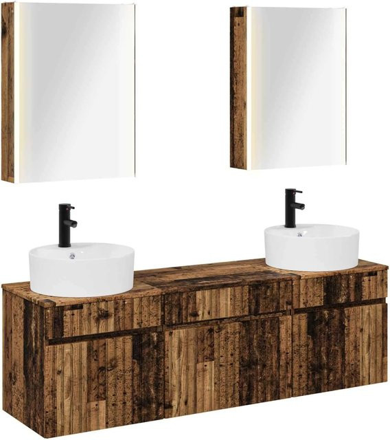 vidaXL Badezimmerschrank-Set aus Altholz in Braun, 5-teiliges Set mit Waschtischunterschrank und Spiegelschrank mit LED-Beleuchtung, B/T/H: 53 x 15,5 x 70 cm - Bild 1