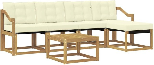 vidaXL 6-teilige Outdoor-Sofagarnitur in L-Form mit Kissen und Couchtisch, Akazienholz, Weiß und Beige - Bild 1