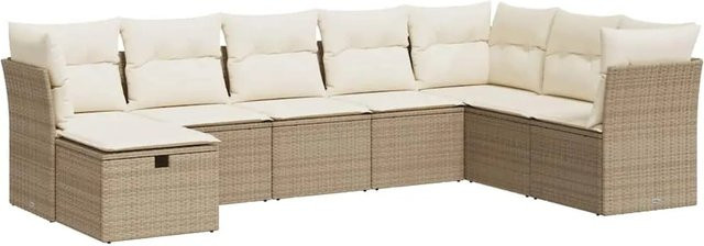vidaXL 8-teilige Garten-Sofagarnitur in L-Form mit Kissen und Ottoman, Beige, Poly-Rattan mit Metallgestell - Bild 1