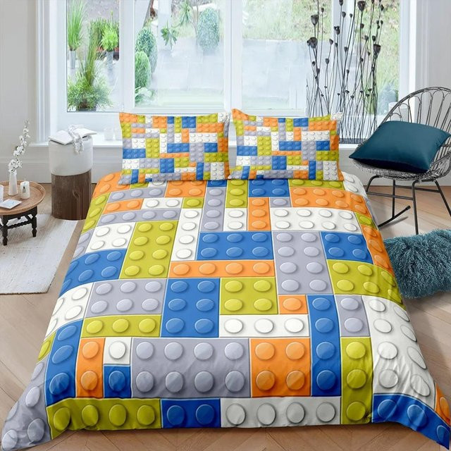 Bettwäsche-Set Jinmeige mit bunten Blöcken für Kinder, Bettbezug und Kissenbezug aus Polyester, Mehrfarbig (Orange, Blau), B/H: 135 x 200 cm - Bild 1