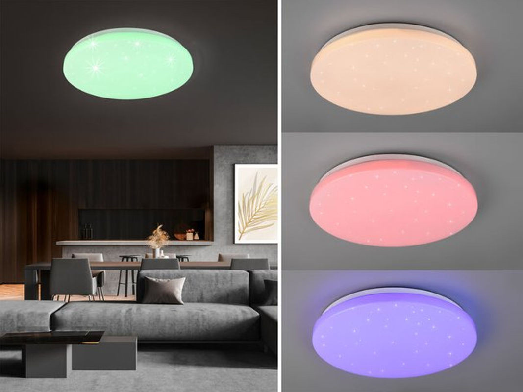 Reality LED Deckenleuchte Kira mit Fernbedienung, dimmbar, Sternenhimmel und Farbwechsel, Weiß, Durchmesser: 38 cm - Bild 1