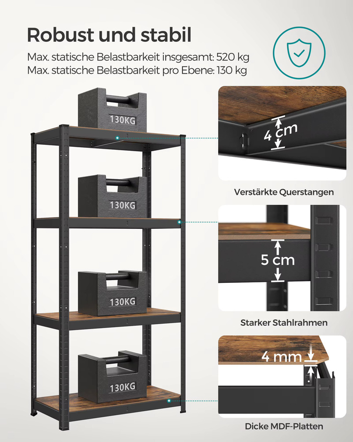 SONGMICS Schwerlastregal mit 4 verstellbaren Ablagen in Schwarz und Braun - Bild 2