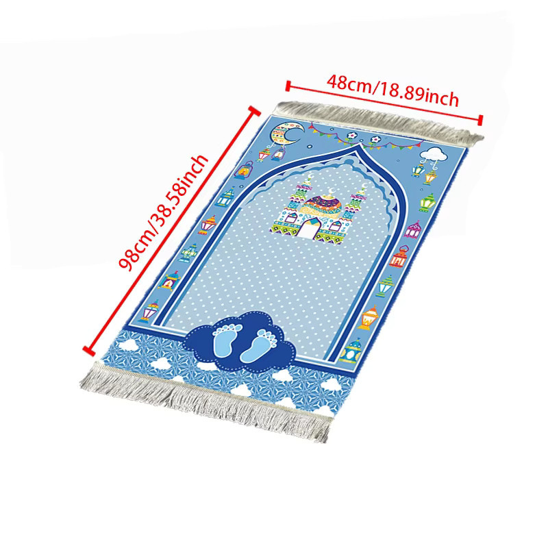 VIKAMA Gebetsmatte für Kinder in Blau mit Kinder-Motiv, rutschfester Teppich mit Quasten im orientalischen Design - Bild 2