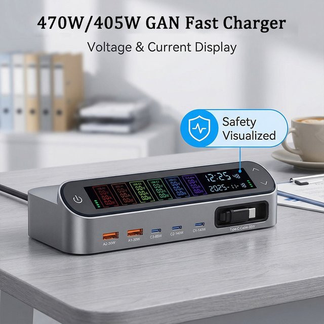 LZJV GAN Desktop-Ladestation mit LCD-Display und 140W Typ-C Multi-Port Schnellladegerät in Grau inklusive 65W skaliertem Ladekabel - Bild 1