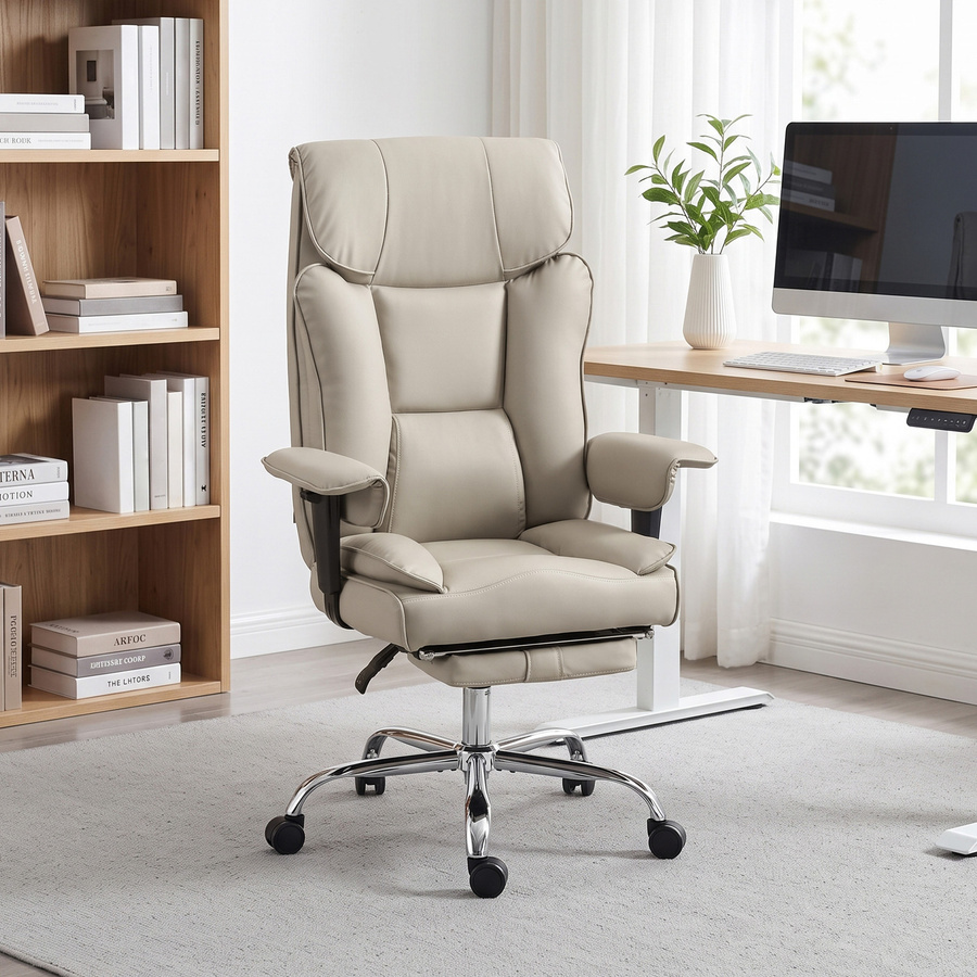 Aosom Ergonomischer Bürostuhl mit Fußstütze in Hellgrau, gepolsterter Schreibtischstuhl aus PU-Leder mit verstellbaren Armlehnen und hoher Rückenlehne, drehbar und neigbar - Bild 2