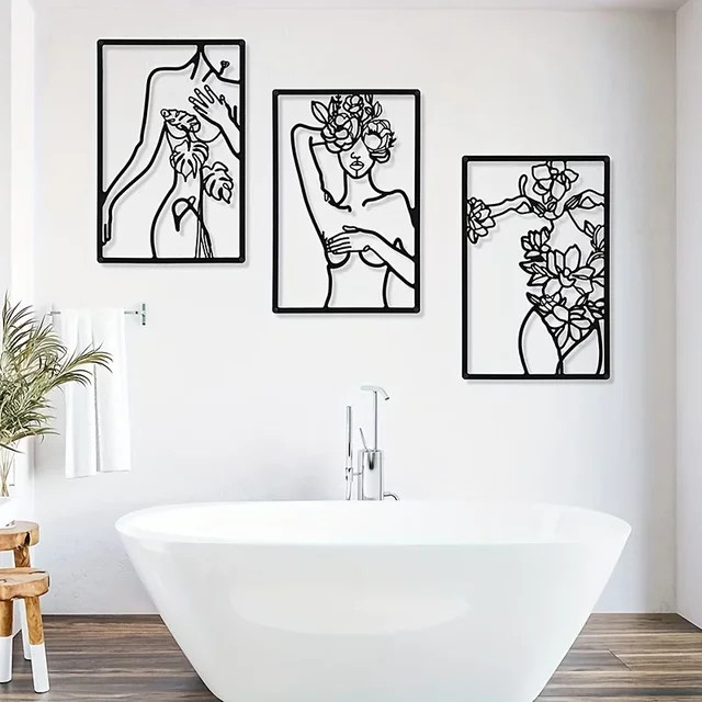 Hello Young 3-teiliges minimalistisches Wandkunst-Set aus Metall mit abstrakter Frauen-Linienzeichnung in Schwarz - Bild 1