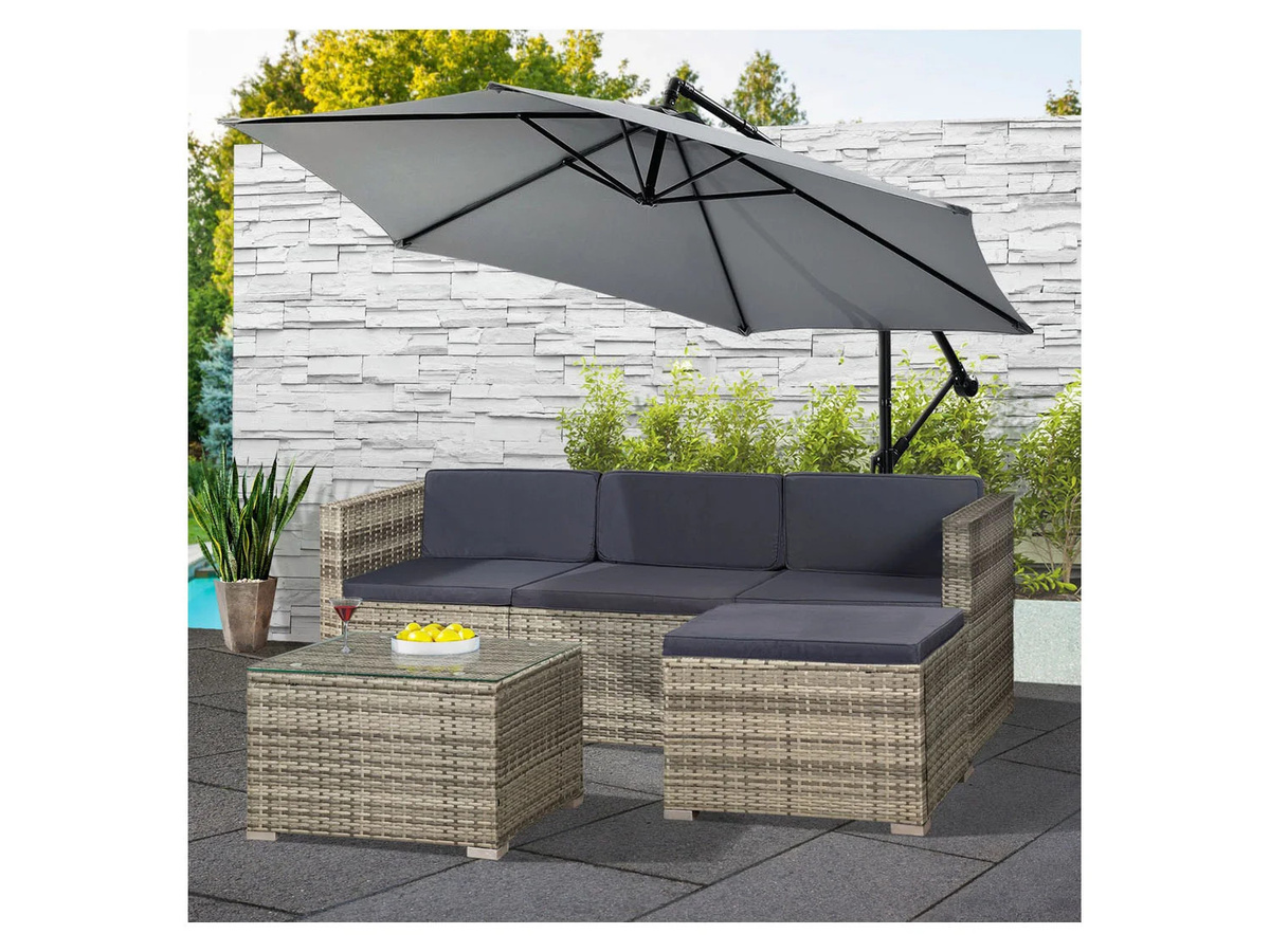 Juskys Polyrattan Gartenlounge Punta Cana M grau-meliert für 3-4 Personen mit Sofa, Tisch und Hocker sowie dunkelgrauen Bezügen - Bild 3