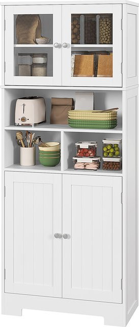 HOMCOM Küchenschrank in Weiß mit Glastüren und verstellbaren Regalen, schmaler Vorratsschrank mit 2 Schränken und 3 offenen Fächern, B/T/H: 60 x 30 x 145,5 cm - Bild 1