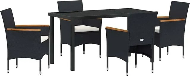 vidaXL Garten Essgruppe aus Poly-Rattan und Akazienholz mit Glasplatte und Kissen, 5-teilig, Schwarz - Bild 1