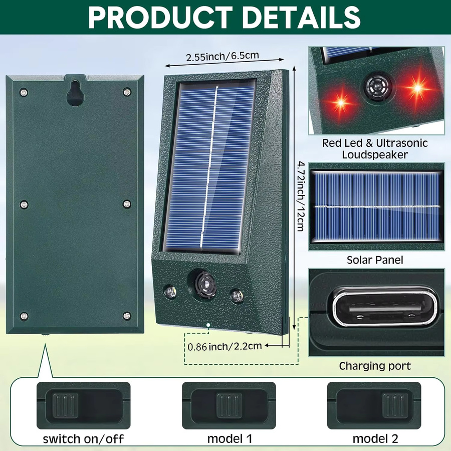 SAIJZEK Solarbetriebener Ultraschall-Tiervertreiber für den Außenbereich mit Stroboskop-Blinklicht und wasserdichter Mäuseabwehr für Garten und Hof - Bild 4