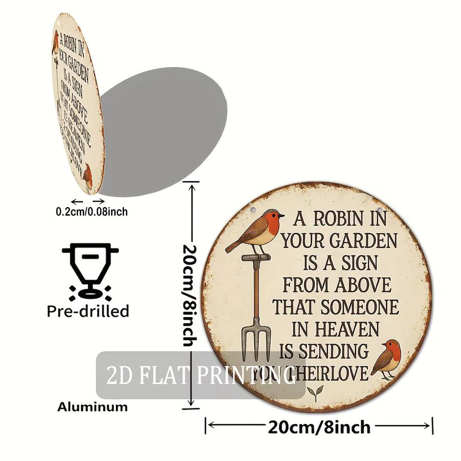 Potdemiel Rundes Aluminium-Metallschild Robin in Your Garden als Rustikale Wanddekoration für den Garten Durchmesser: 20,32 cm - Bild 2