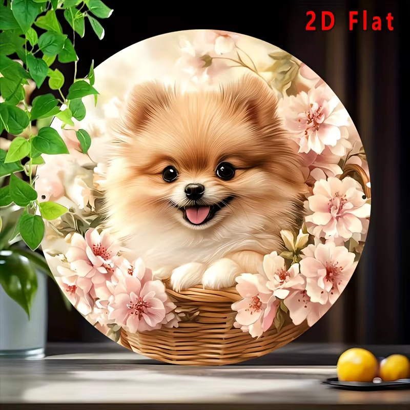 Potdemiel Vintage Aluminiumschild Rund mit Pomeranian im Blumenkorb, Durchmesser: 20 cm, Mehrfarbig - Bild 2