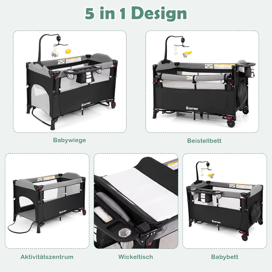 GOFLAME 5-in-1 Reisebett für Babys in Grau mit Matratze, Wickelunterlage, Spielzeug, Spieluhr und Tragetasche, B/B: 120 x 60 cm - Bild 2