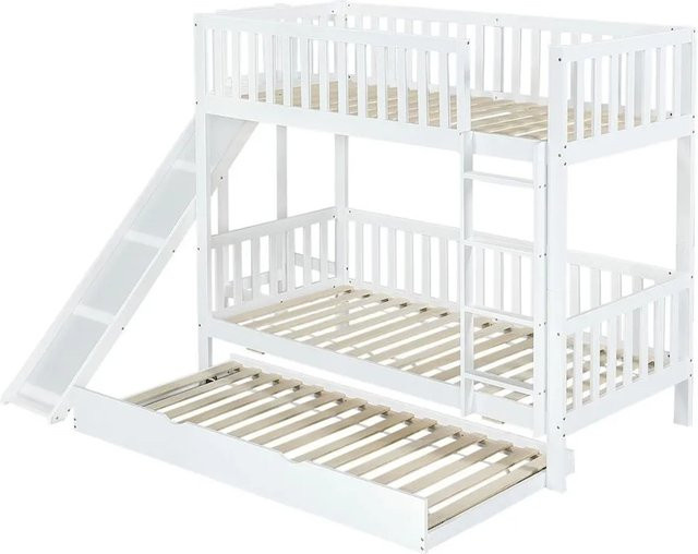 KOMHTOM Etagenbett für Kinder mit Ausziehbett, Rutsche, Leiter und Regalen, Weiß, Kiefernholz und MDF - Bild 1