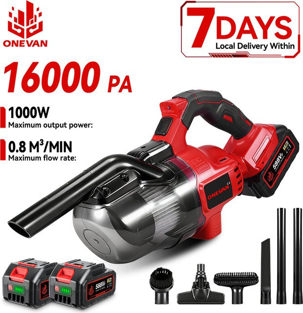 ONEVAN Akku-Elektro-Staubsauger 1000W, tragbar und wiederaufladbar, Rot, passend für Makita 18V Akku-Pin - Bild 1