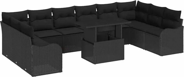 vidaXL Garten-Sofa-Set 11-teilig in Schwarz aus Poly-Rattan mit Kissen und Tisch in U-Form - Bild 1