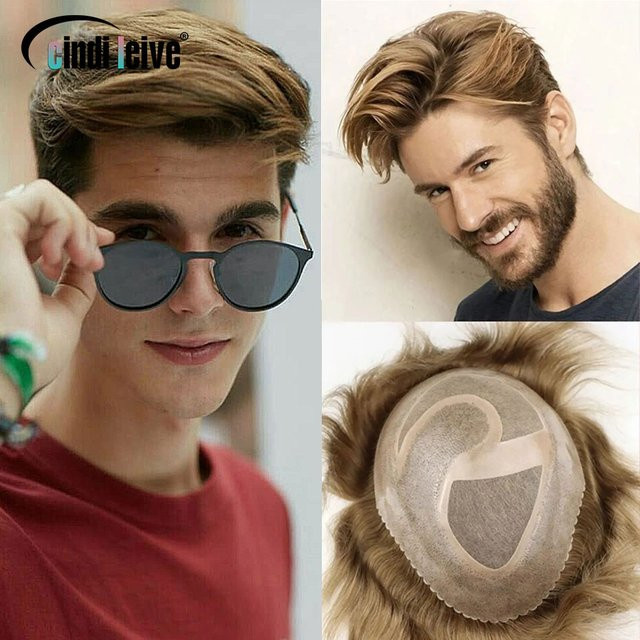Bfirehair Herren-Toupet-Haarsystem, Mono- und PU-Aschblond, braun/grau - Bild 1