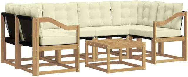 vidaXL Outdoor-Sofagarnitur 7-tlg. in L-Form mit Kissen und Couchtisch, Weiß und Beige, wetterfestes Akazienholz und Textilene-Stoff - Bild 1