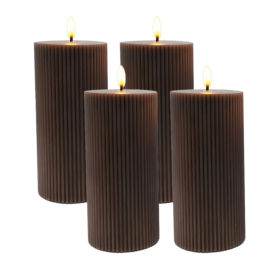 Relaxdays LED Kerzen 4er Set in Coffee mit Rillen-Design aus Echtwachs, flackernder Effekt, Höhe: 18 cm - Bild 2