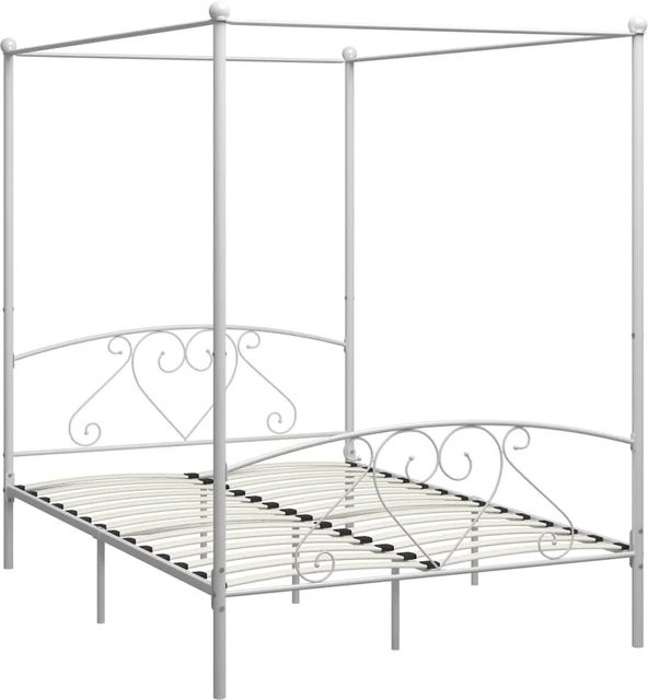 vidaXL Himmelbett-Gestell aus Metall in Weiß, B/T: 140 x 200 cm - Bild 1