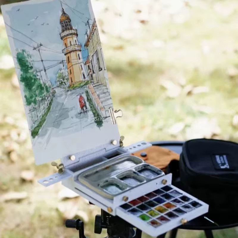 Tragbare Aquarell-Pigmentbox und Skizzen-Staffelei für Outdoor-Malerei in Weiß aus Kunststoff - Bild 4