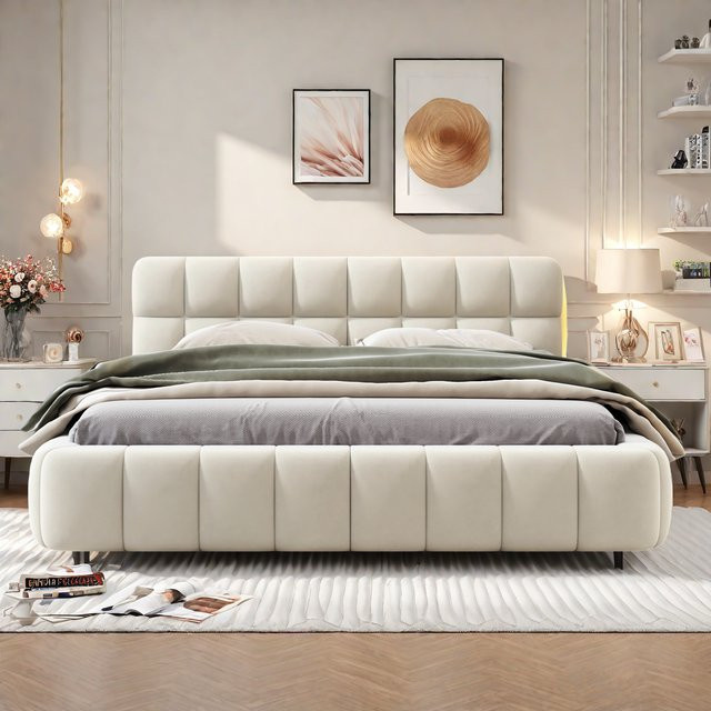 Rosahqnda Polsterbett mit weicher Rückenlehne und Polsterumrandung, Farbe: Beige, B/T: 140 x 190 cm - Bild 1