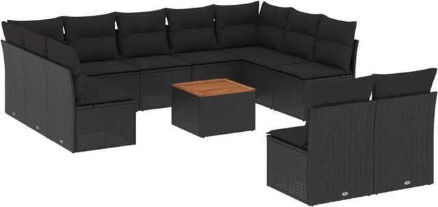 vidaXL 12-tlg. Garten-Sofagarnitur in U-Form aus Poly-Rattan und Akazienholz mit Kissen, Schwarz - Bild 1