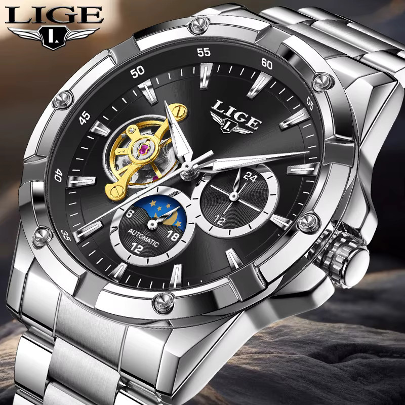 LIGE Armbanduhr Automatik, Edelstahl, Schwarz, Herren - Bild 6