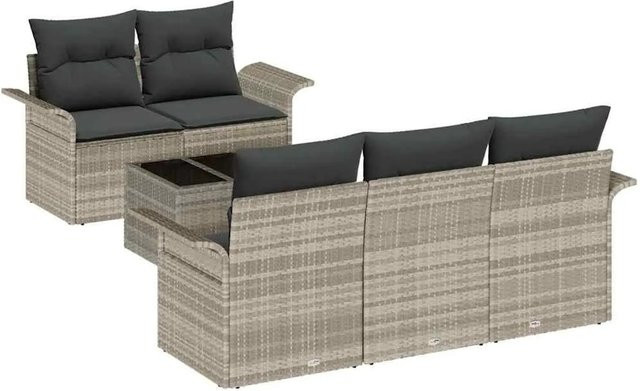 vidaXL 6-teiliges Garten Sofa Set aus Poly Rattan in Hellgrau mit Kissen und Tisch - Bild 1