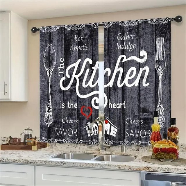 Minimalistische Vorhänge mit Messer und Gabel Motiv, 2er Set, Schwarz, halbtransparent, Polyester, Breite: 50 cm, Höhe: 130 cm - Bild 1