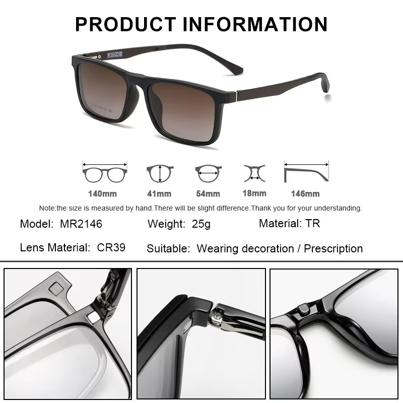 CLLOIO 2-in-1 Magnet-Clip-On Sonnenbrille, rechteckig, Vollrand, Herren, schwarz - Bild 3