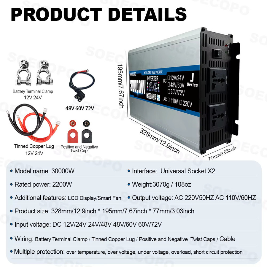 SOECOPO Auto Smart Solar Inverter 30000W mit Dual Spannung Eingang DC 12V/24V/48V/60V/72V zu AC 110V/220V für Zuhause und Camping RV - Bild 2