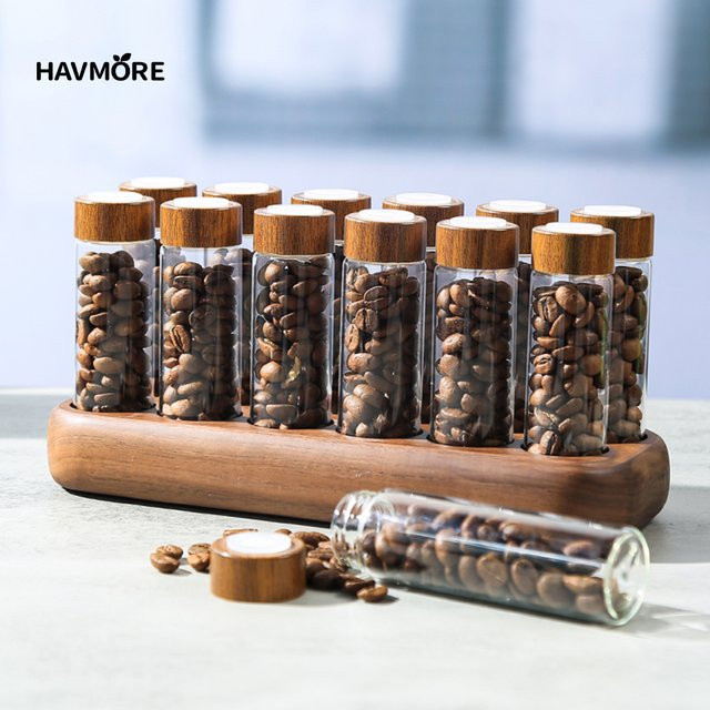 Havmore Holzhalter für 12 Reagenzgläser aus Holz und Glas in Braun zur Aufbewahrung von Kaffeebohnen - Bild 1