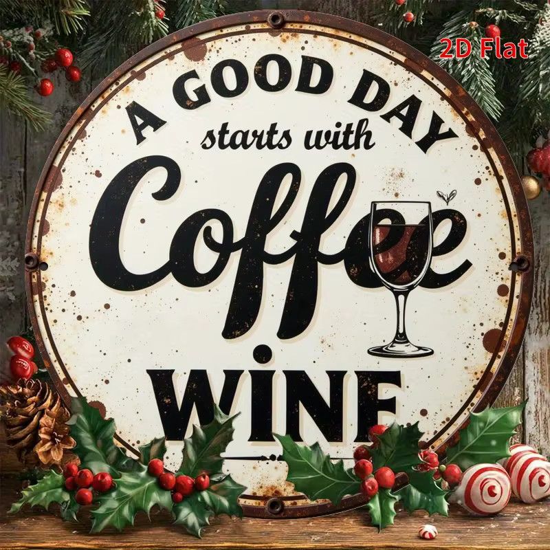 Potdemiel Vintage-Metallschild Wanddekoration rund Durchmesser: 19,81 cm mit Spruch Kaffee und Wein - Bild 6