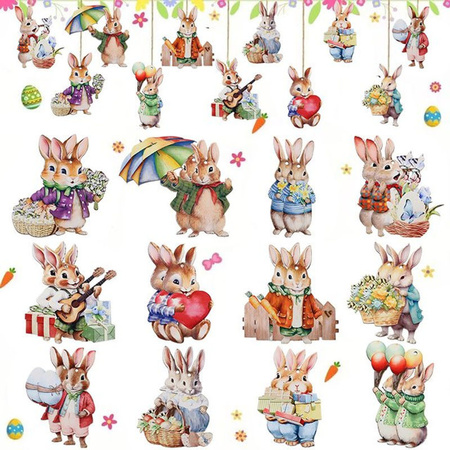 ZQNYCY Ostern Hängeornamente aus Holz mit Kaninchen und Eiern in Mehrfarbig für DIY Handwerk und Kinderdeko, 12 Stück