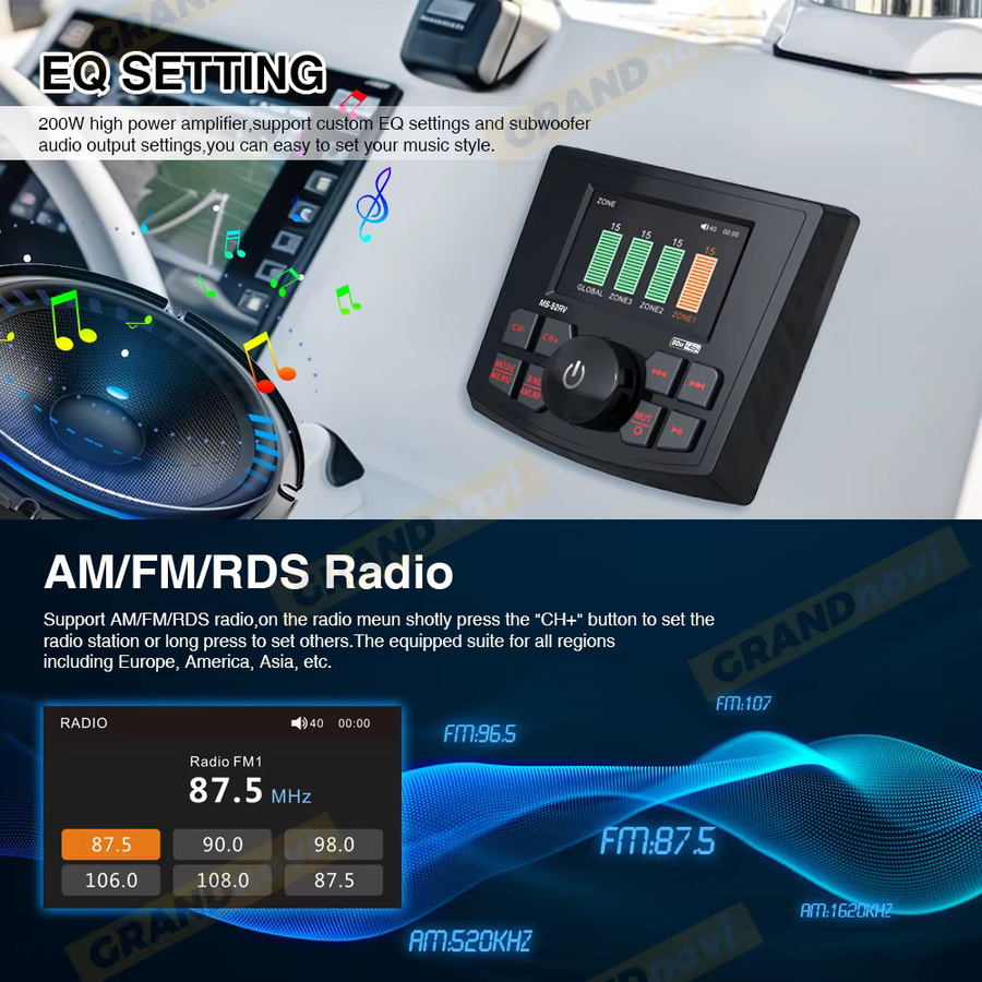 GRANDnavi Marine Stereo MP5 Radio Player mit Bluetooth, FM/AM/RDS und IPX5 Wasserdichtigkeit in Schwarz - Bild 3