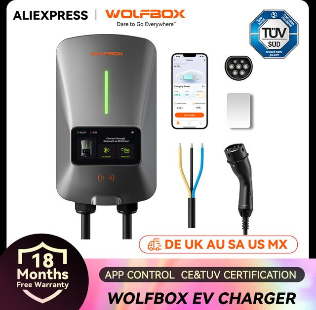 WOLFBOX EV-Ladestation Typ 2 Wallbox mit 22 kW und 32 A, Elektrofahrzeug-Ladegerät mit LCD-Bildschirm, APP-Steuerung und RFID-Karte - Bild 1