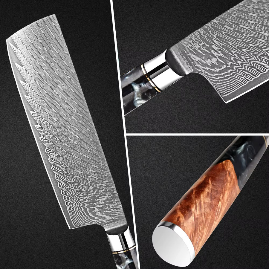 XITUO Nakiri-Messer aus Damaszener Stahl mit Holzgriff, 17,78 cm, Mehrfarbig - Bild 3