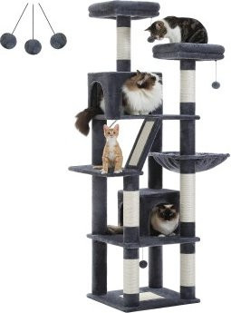 Pawz Road Katzenbaum in Dunkelgrau mit Hängematte, Höhle und integriertem Spielzeug, Höhe: 180 cm - Bild 1