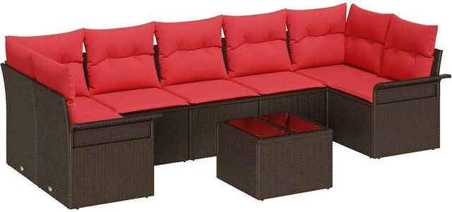 vidaXL Gartensofa-Set aus Poly-Rattan in L-Form mit 8 Kissen in Beige und Rot sowie Tisch - Bild 1