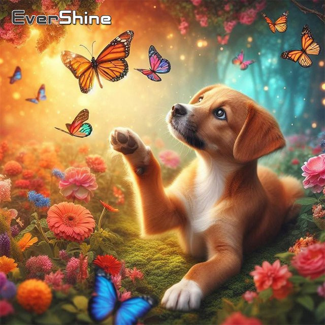Evershine DIY Kreuzstich Set Hund und Schmetterling 5D Stickerei 11CT in Multicolour zur Wanddekoration - Bild 1
