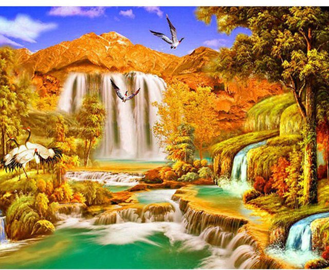 FIYO 5D-Diamantgemälde Herbstlandschaft mit Wasserfall, Diamant-Stickerei Set in Blau und Multicolour, B/H: 30 x 20 cm - Bild 1